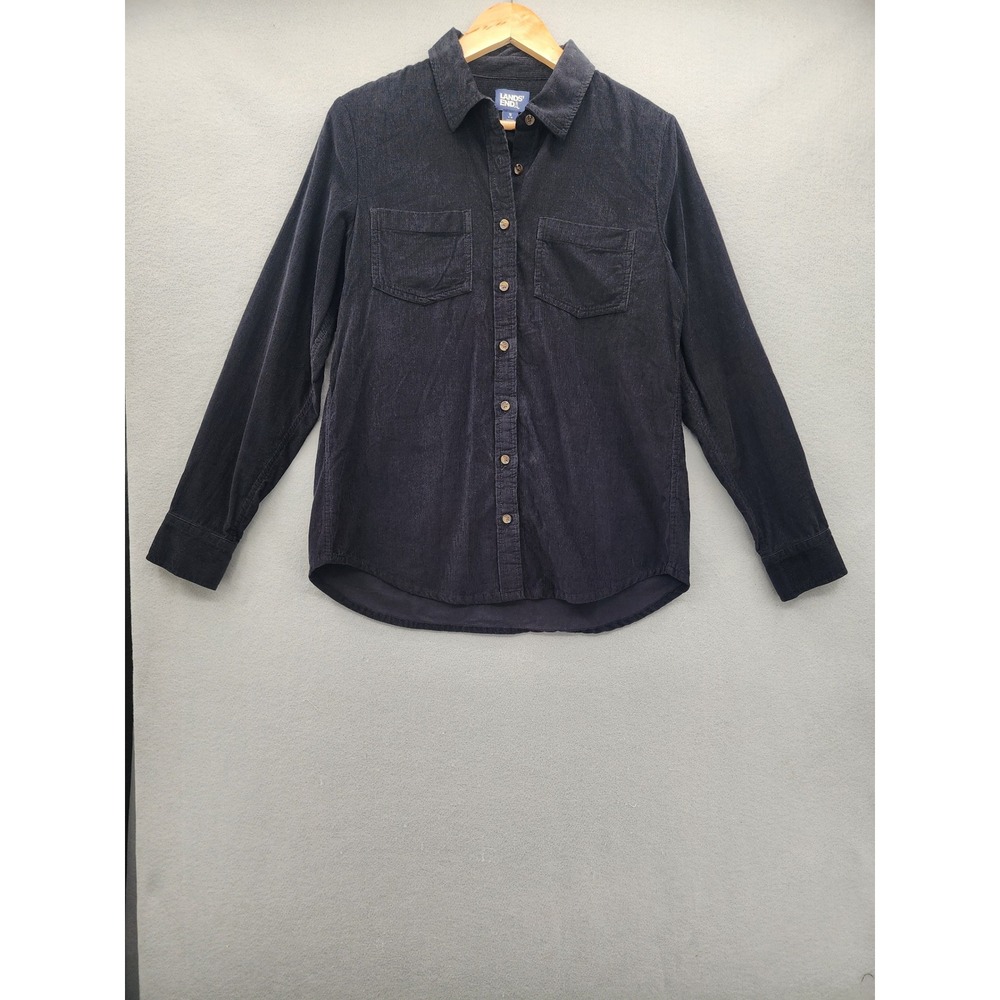 Lands End Womens SM Black Corduroy Button Down Shirt Cotton Long Sleeve Pocket